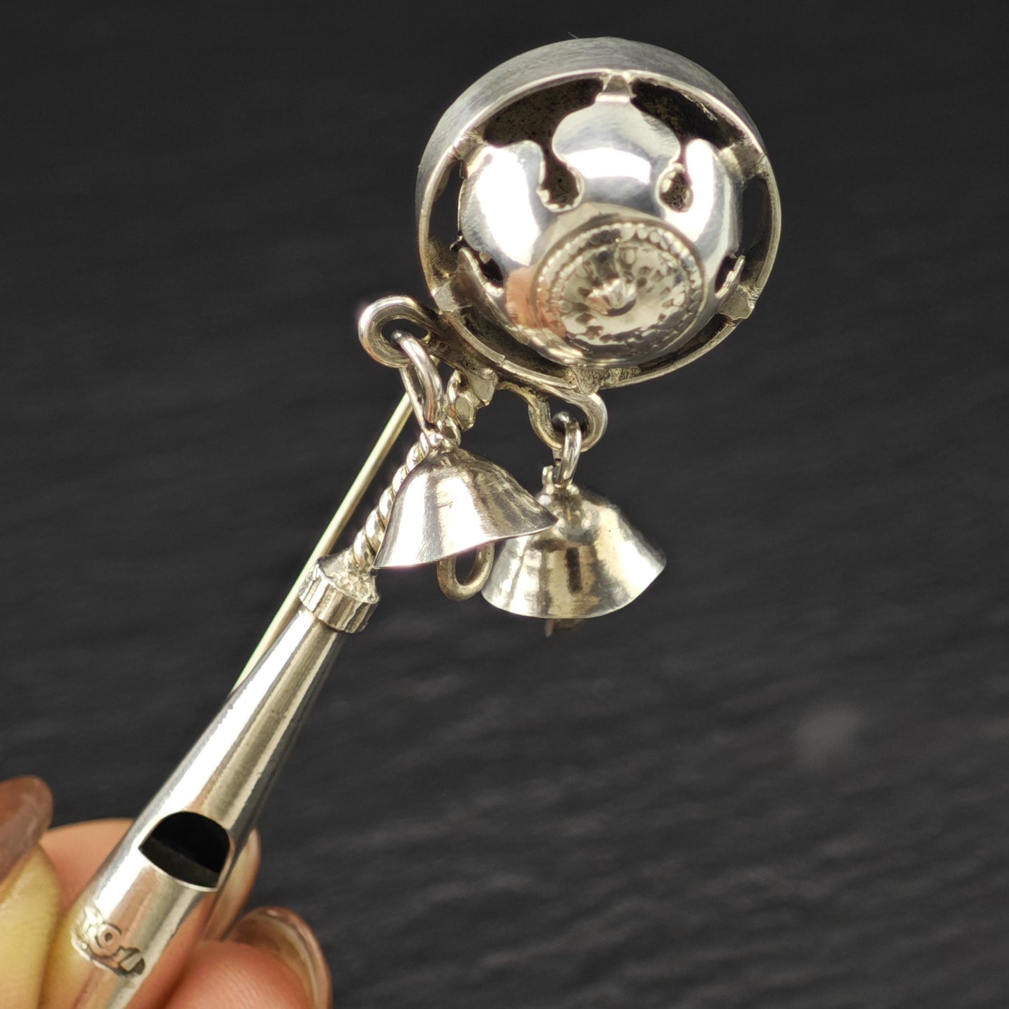 Vintage Old Sterling Silver Brooch Bells, Whistle