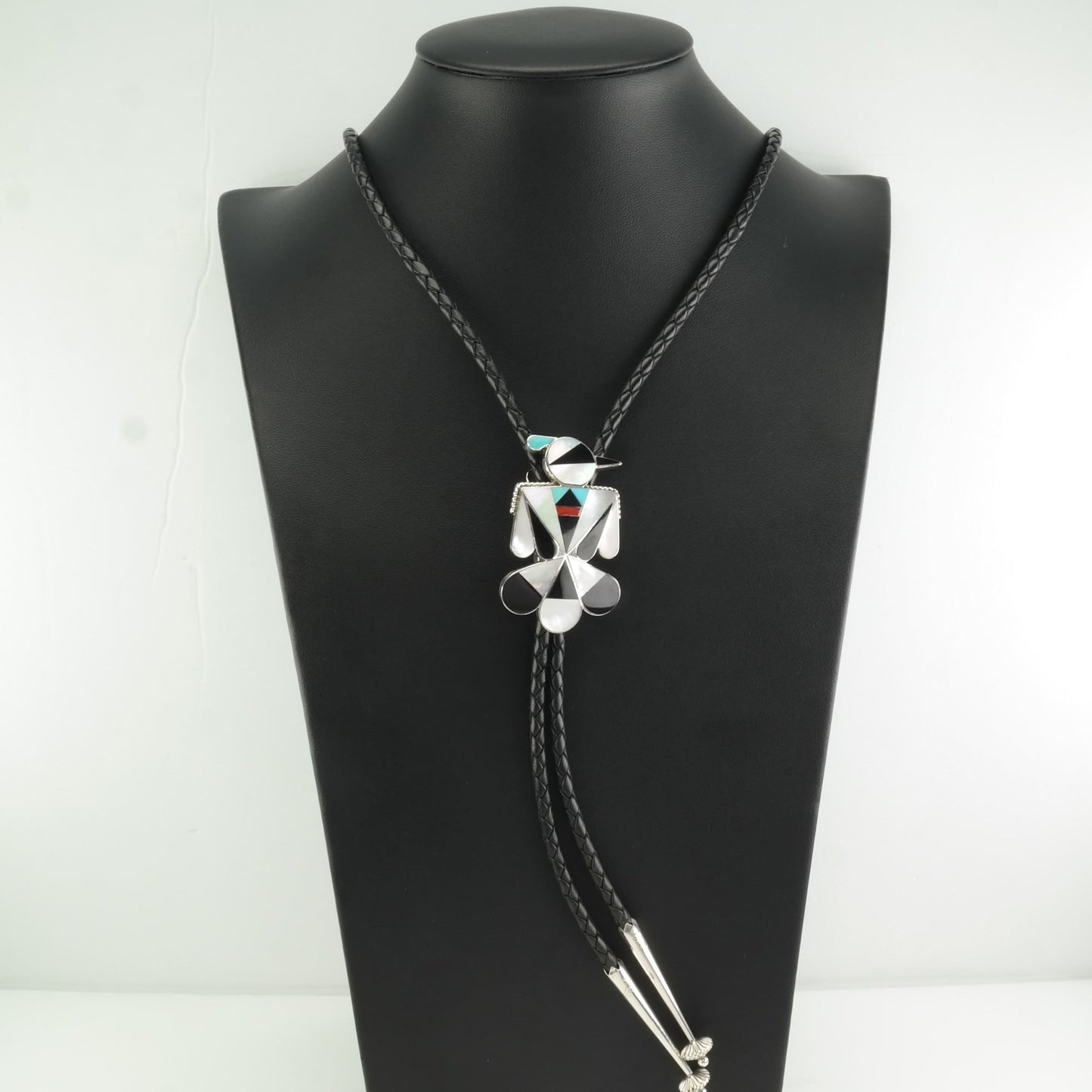 Native American Sterling Silver MOP, Onyx, Turquoise, Coral Bird, Inlay Bolo Tie