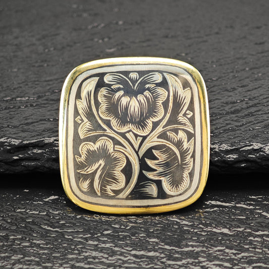 Vintage Soviet Gold Gilded, Niello Sterling Silver Brooch