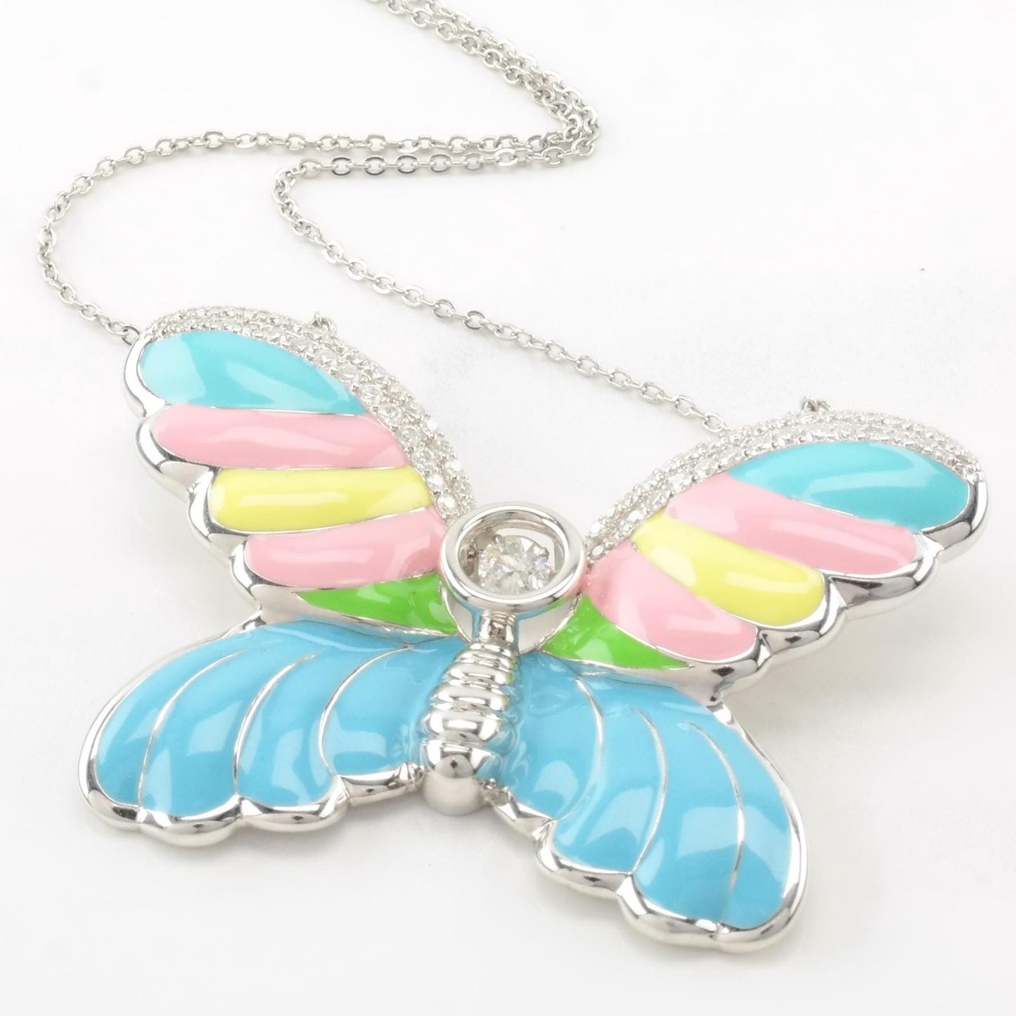 Sterling Silver Enamel Butterfly Dangling Moissanite Necklace N2418