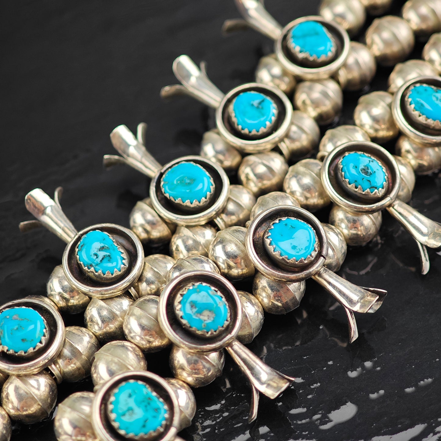 Vintage Native American Turquoise Sterling Silver Squash Blossom Necklace N2721