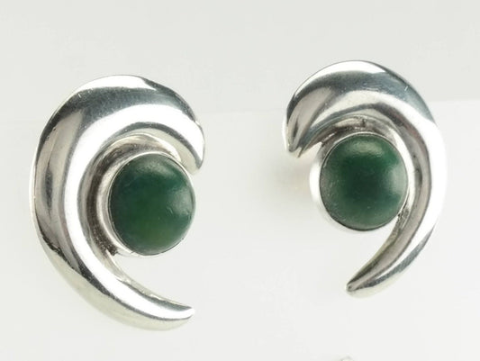 Modernist Sterling Silver Peruvian Jade Earrings Screw Back