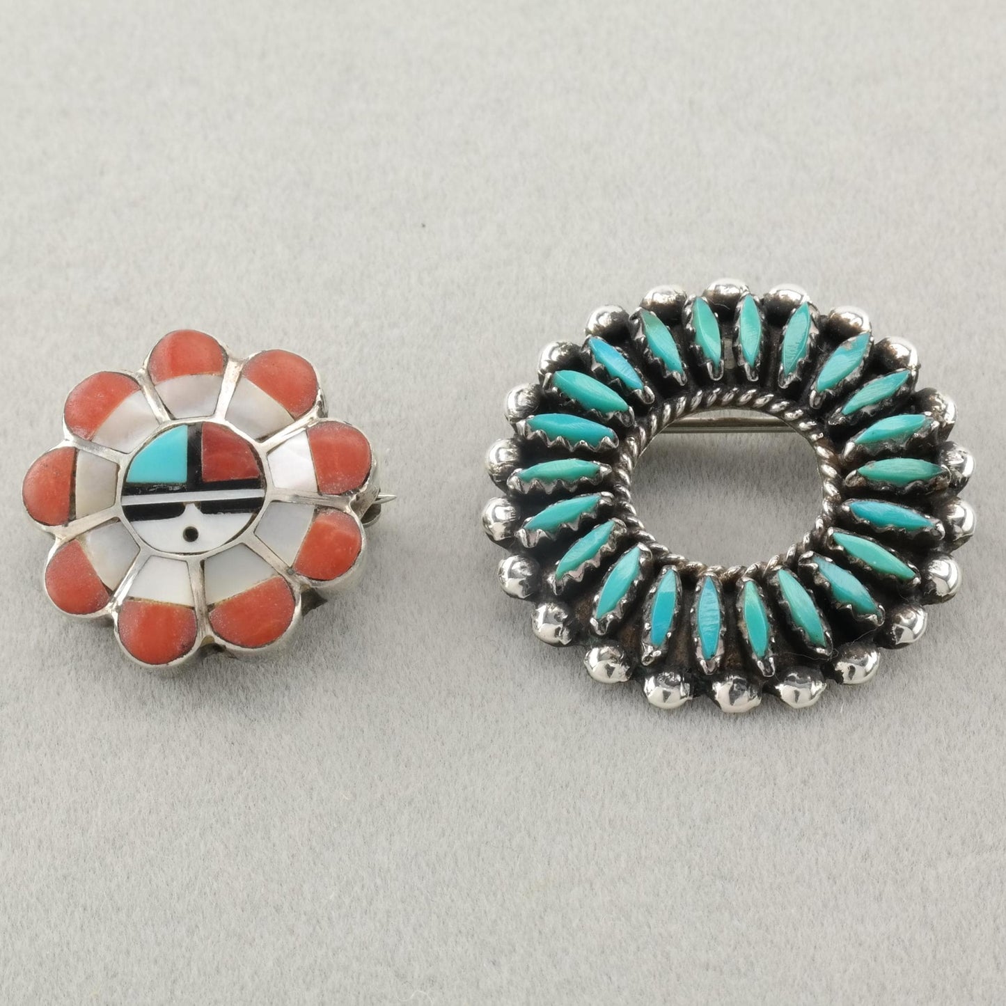 Choice Native American Turquoise MOP Floral Sunface, Turquoise Floral Cluster Sterling Silver Brooch Pendant