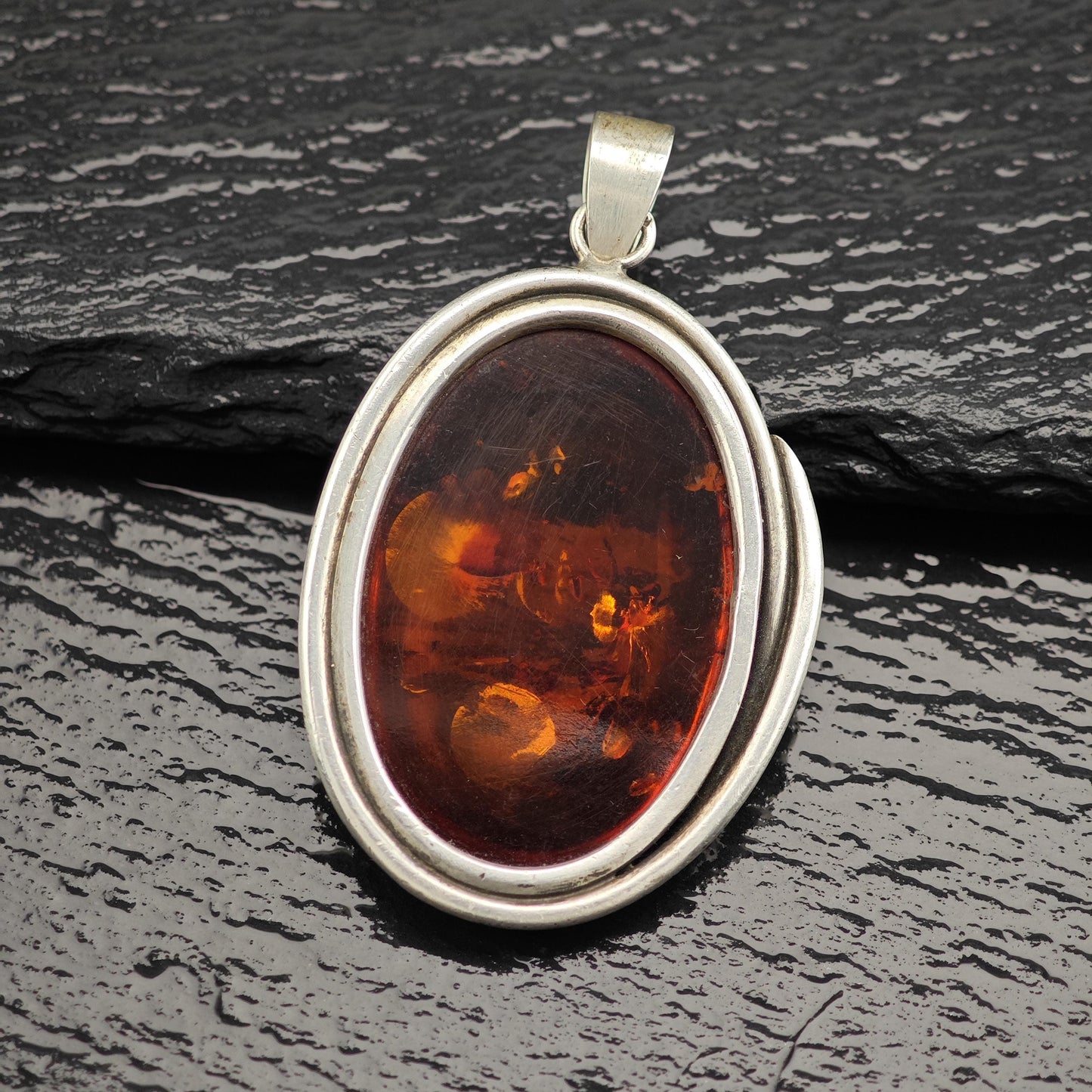 Vintage Oval Amber Pendant Sterling Silver