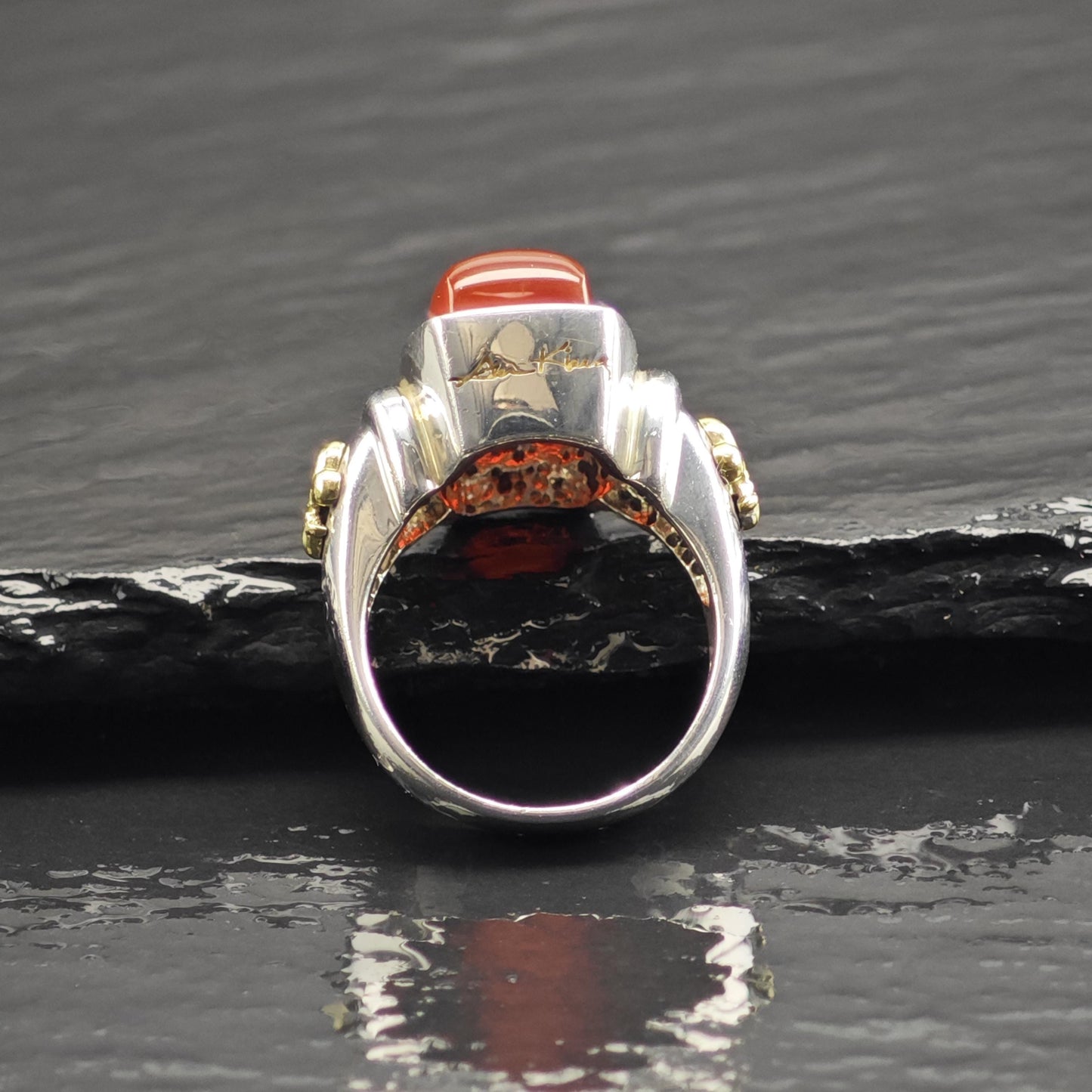 Ann King 18K Gold Carnelian Fleur-de-lis Sterling Silver Ring Sz 7 R6694