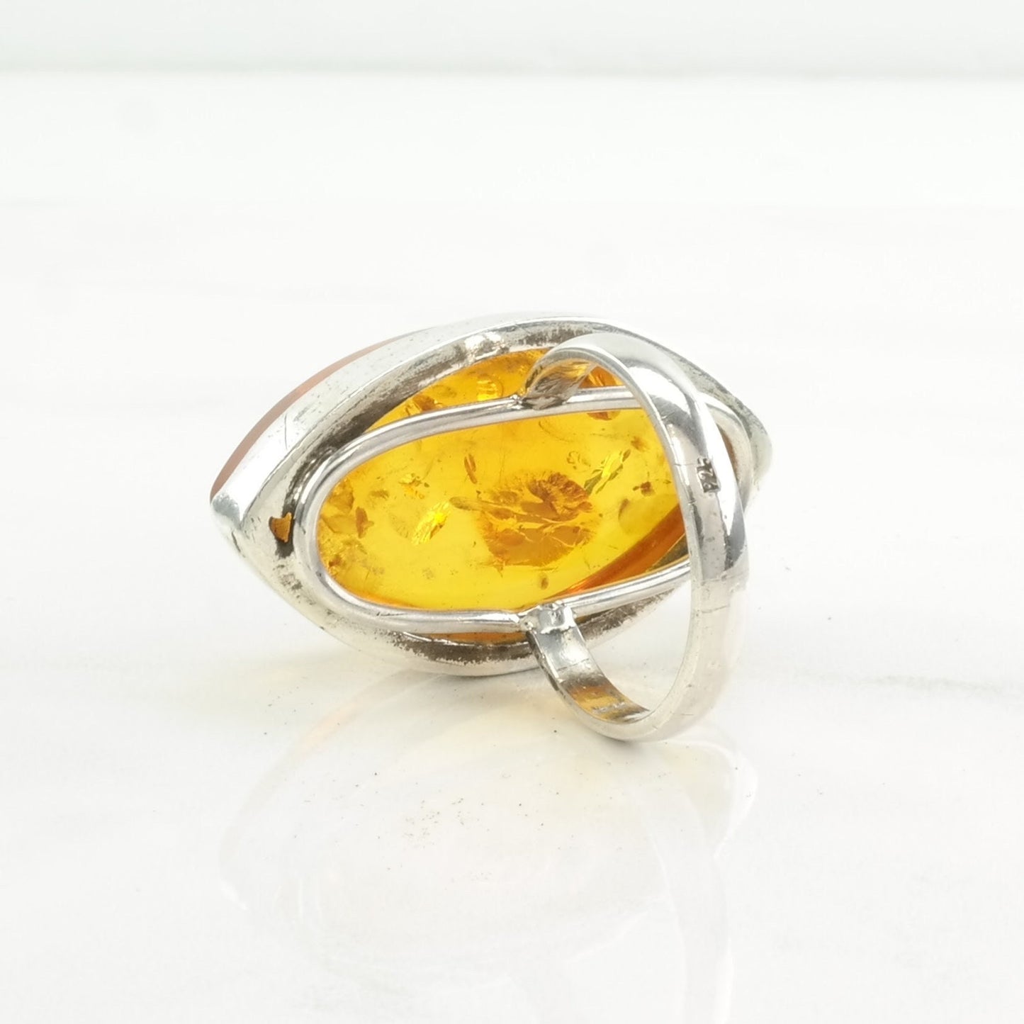 European Silver Ring Amber Large Sterling Orange Size 9