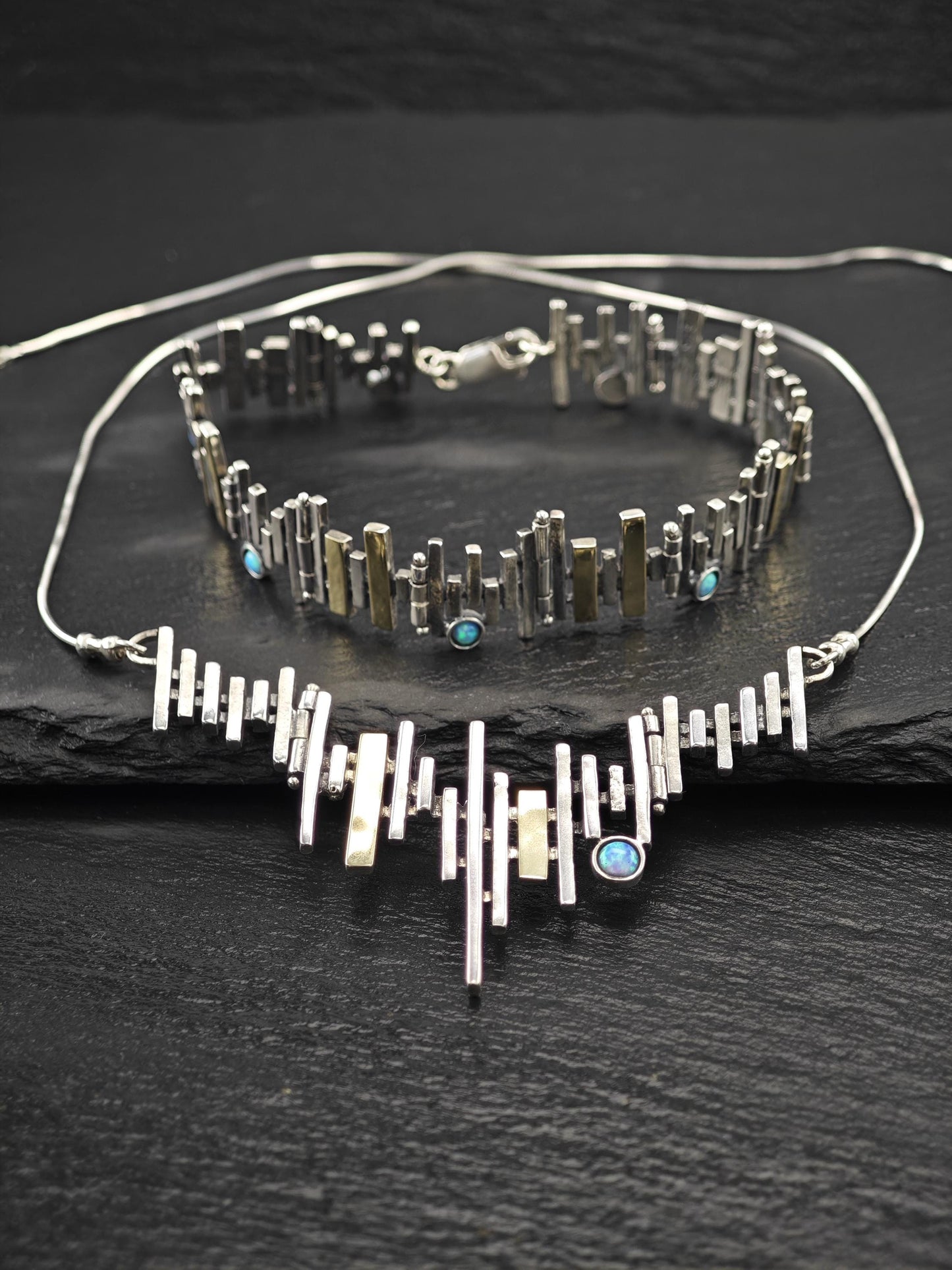 Lab Opal Abstract, Necklace and Bracelet Set Sterling Silver