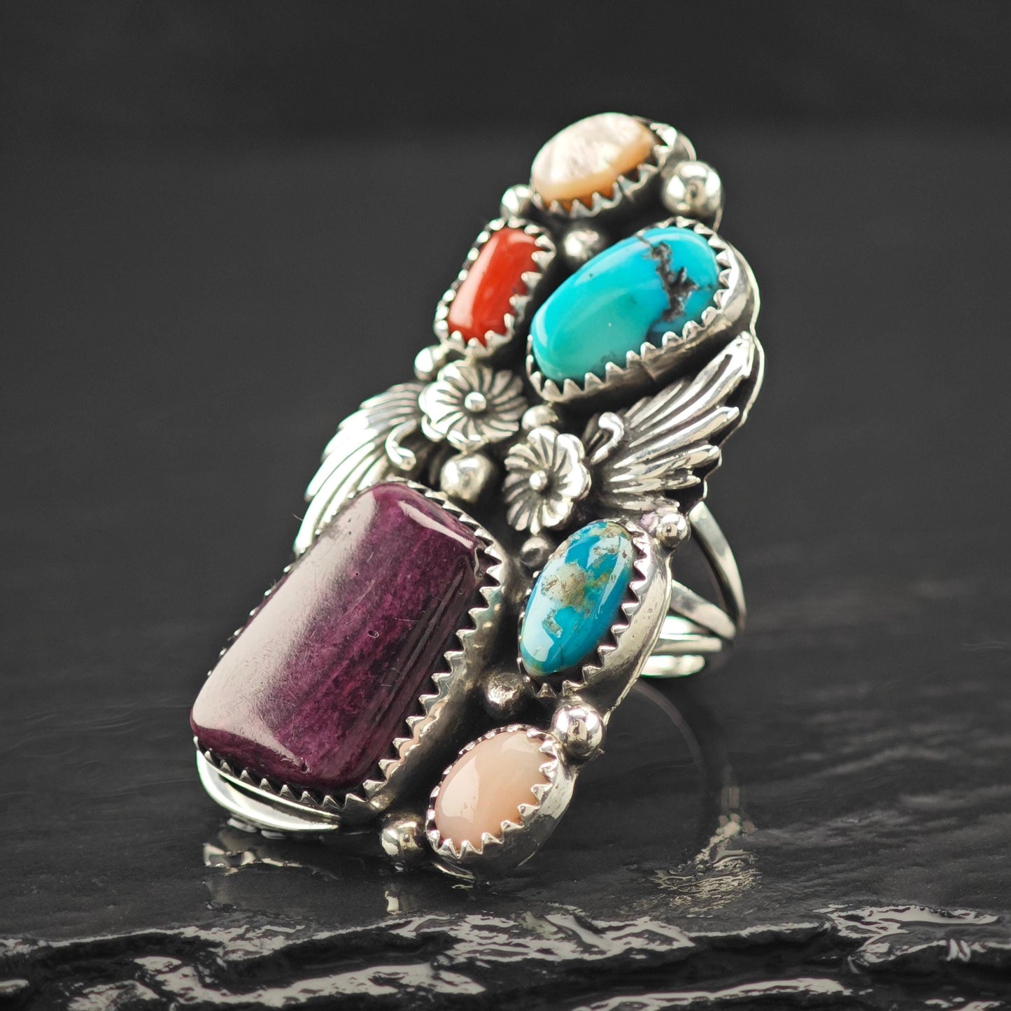 Navajo, Native American Multi-Stone Floral Ring Sterling Silver