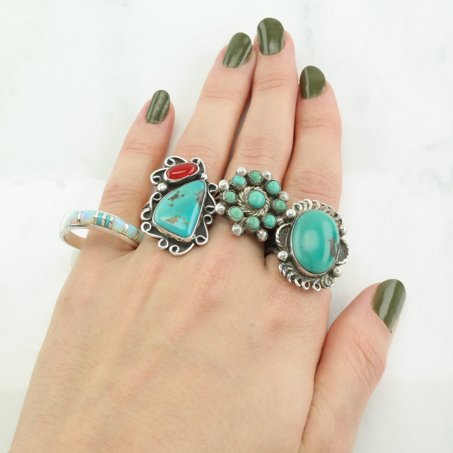 Native American Silver Ring Turquoise Cluster Sterling Size 6 1/2