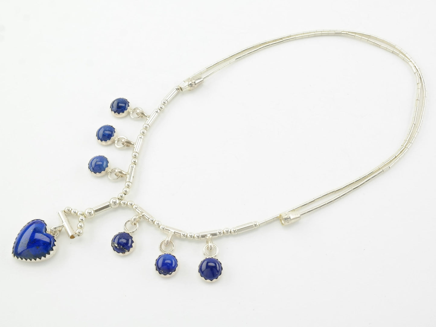 Southwest Sterling Silver Blue Lapis Lazuli Heart, Beaded Necklace