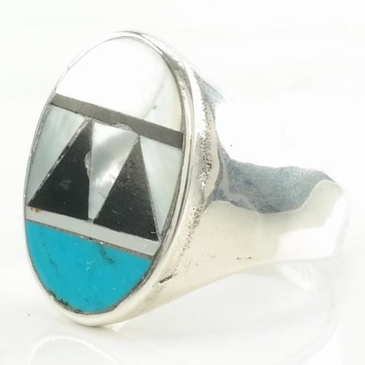 Native American Silver Ring Turquoise, Onyx, MOP Inlay Sterling Blue, Black, White Size 12