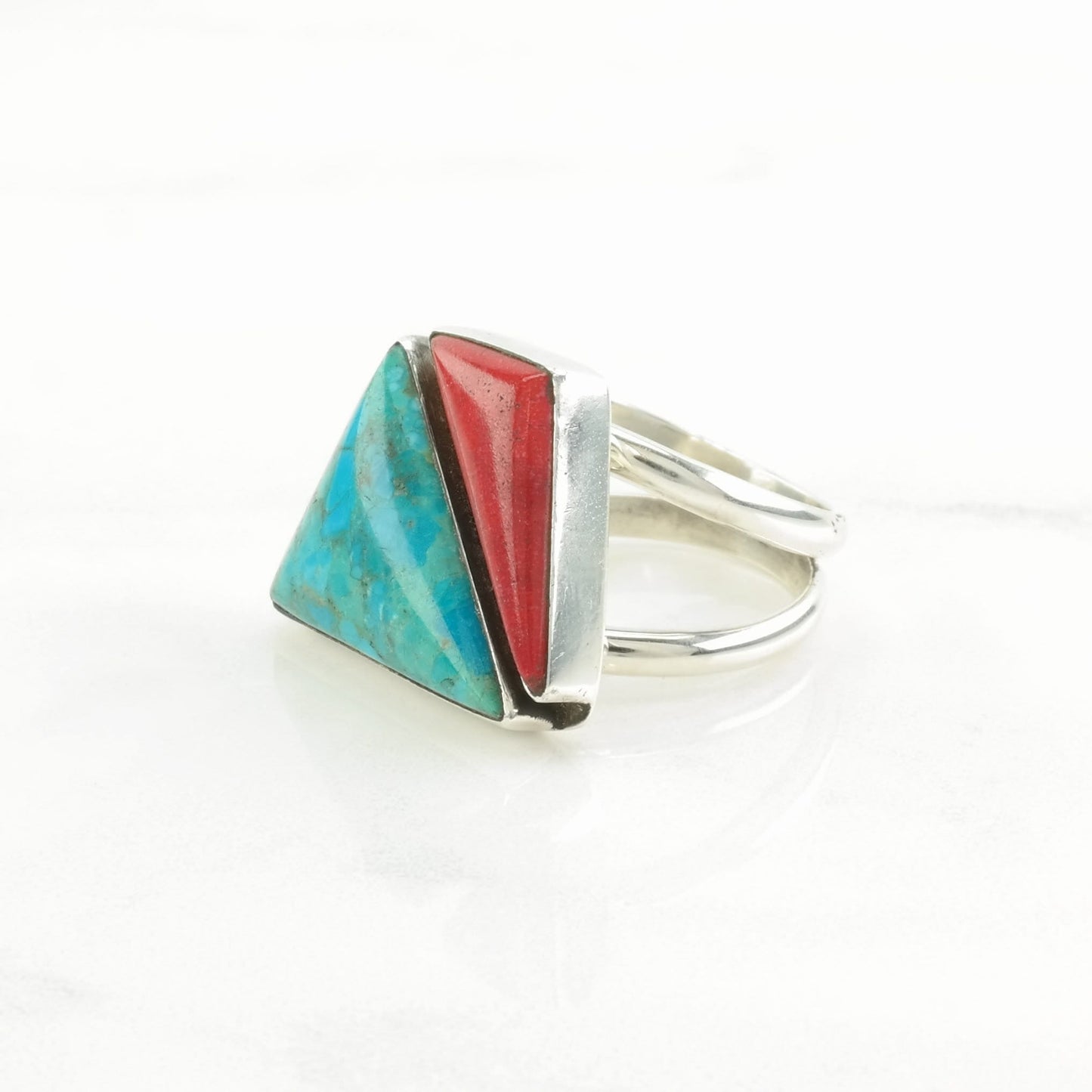 DTR Silver Ring Reconstituted Turquoise, Coral Sterling Blue, Red Size 7 1/4