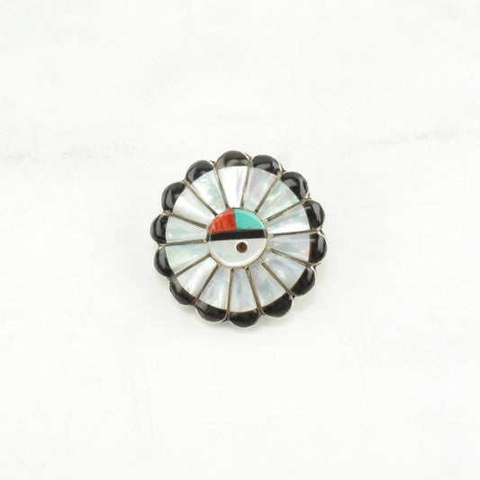 Vintage Native American Sterling Silver Brooch Pendant Inlay MOP, Onyx, Turquoise