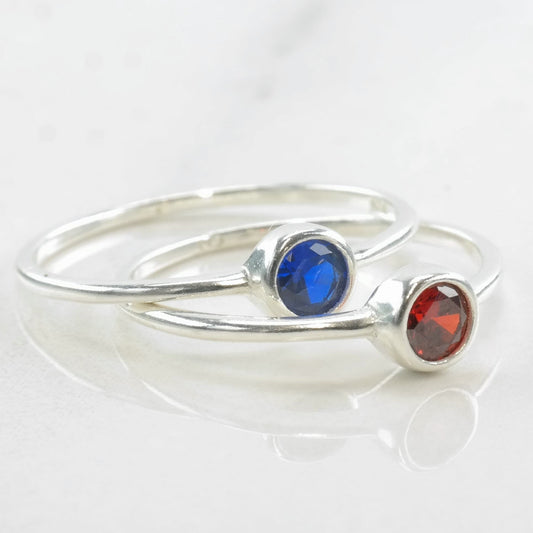 Vintage Minimalist Silver Ring CZ Round Sterling Blue, Red Size 6-8