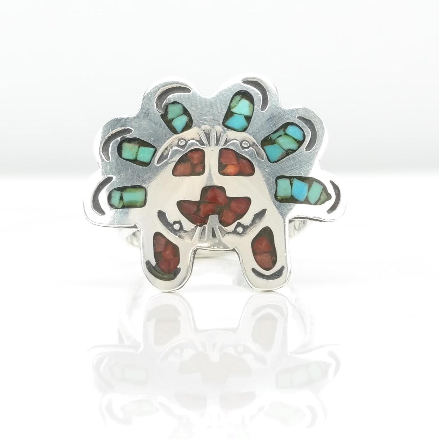 Native American Sterling Silver Ring Turquoise, Coral Inlay, Sunface