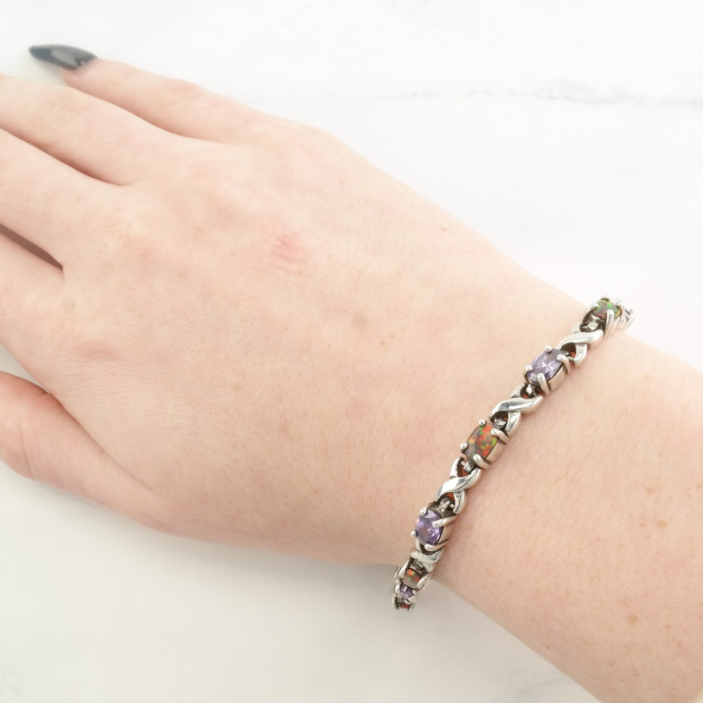 Vintage Sterling Silver Line Bracelet Black, Purple Lab Opal, Amethyst Twisted