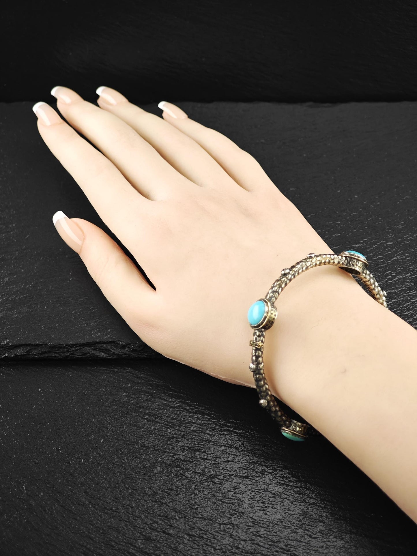 Brutalist Turquoise Diamond 18K Gold Accent Sterling Silver Bangle Bracelet