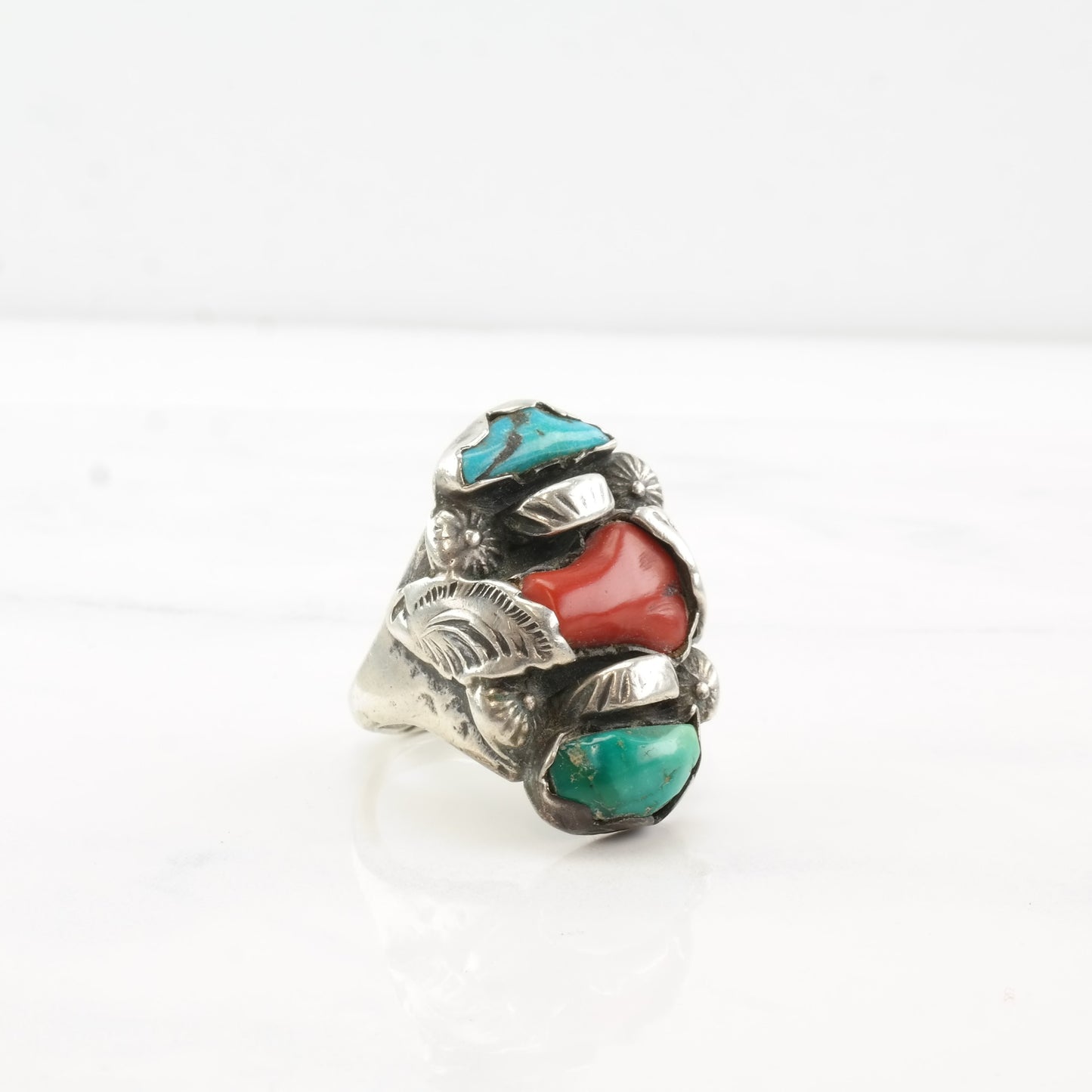 Dan Simplicio Silver Ring Coral Turquoise Leaf Sterling Size 10 3/4