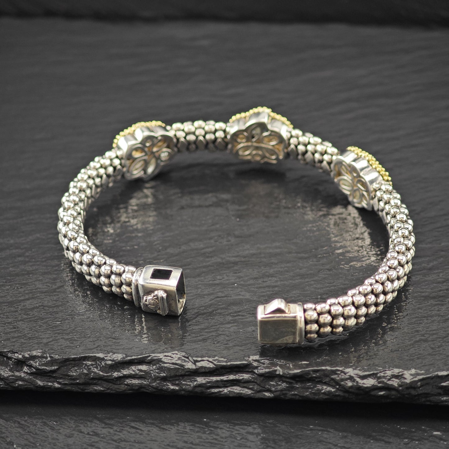 LAGOS 18K Yellow Gold, Blue Topaz Caviar Bracelet Sterling Silver Sz 6 1/4"