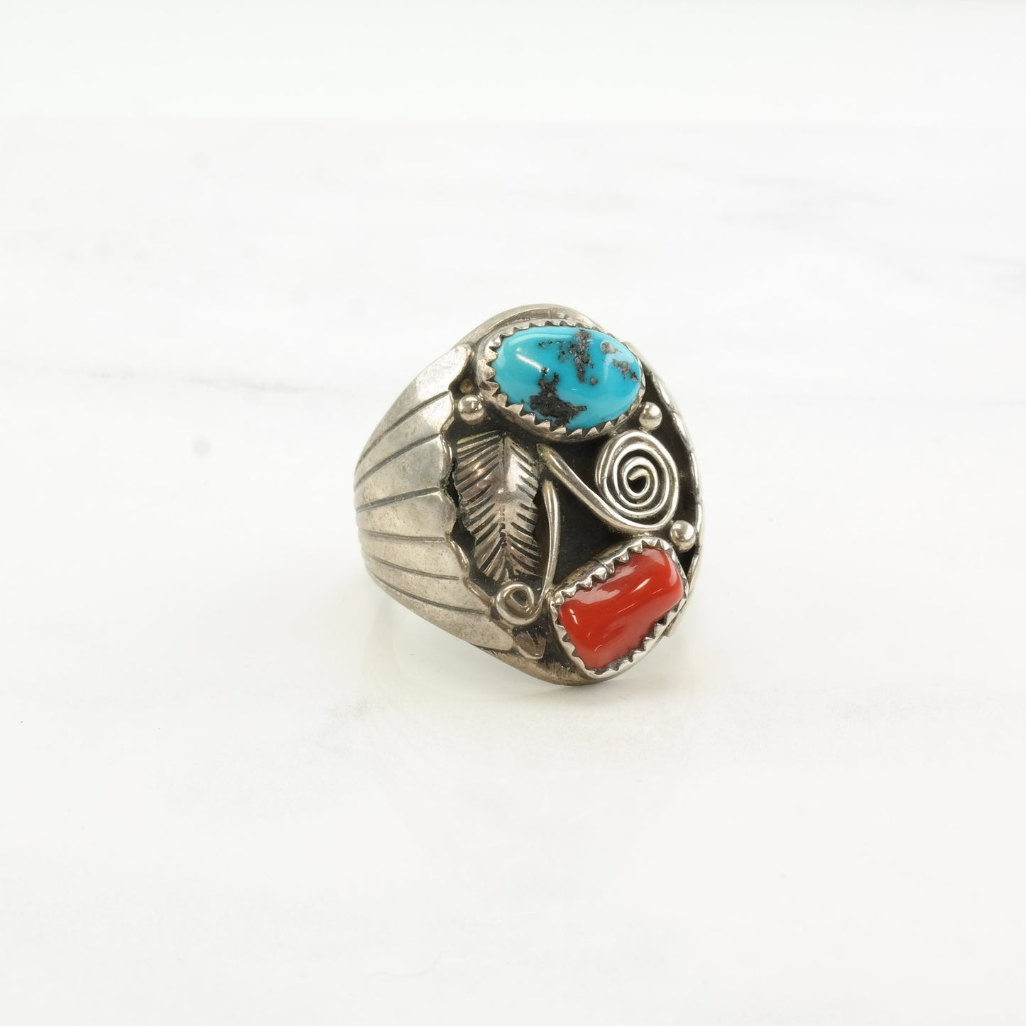 Native American Silver Ring Turquoise Coral Leaf Swirl Sterling Size 11