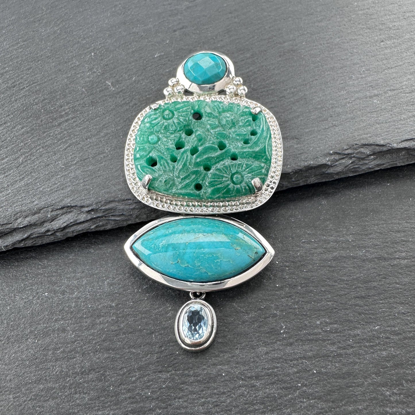 AKR Pendant Turquoise Carved Jade Quartzite Brooch Sterling Silver