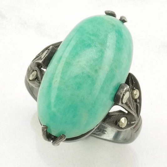 Vintage Art Deco Sterling Silver Ring Amazonite, Marcasite Floral, Green Size 4 1/4
