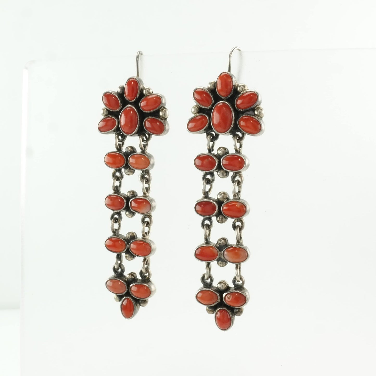 Native American Sterling Silver Red Coral Cluster, Long Earrings Fish hook, dangle