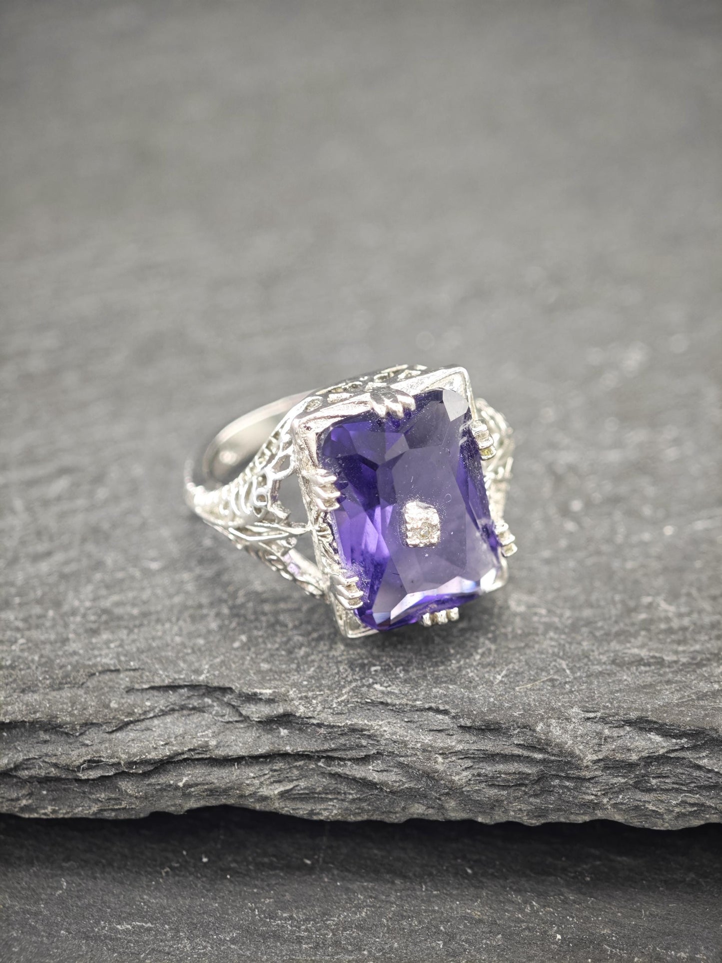 Art Deco Style Amethyst, Diamond Chip Ring Sterling Silver