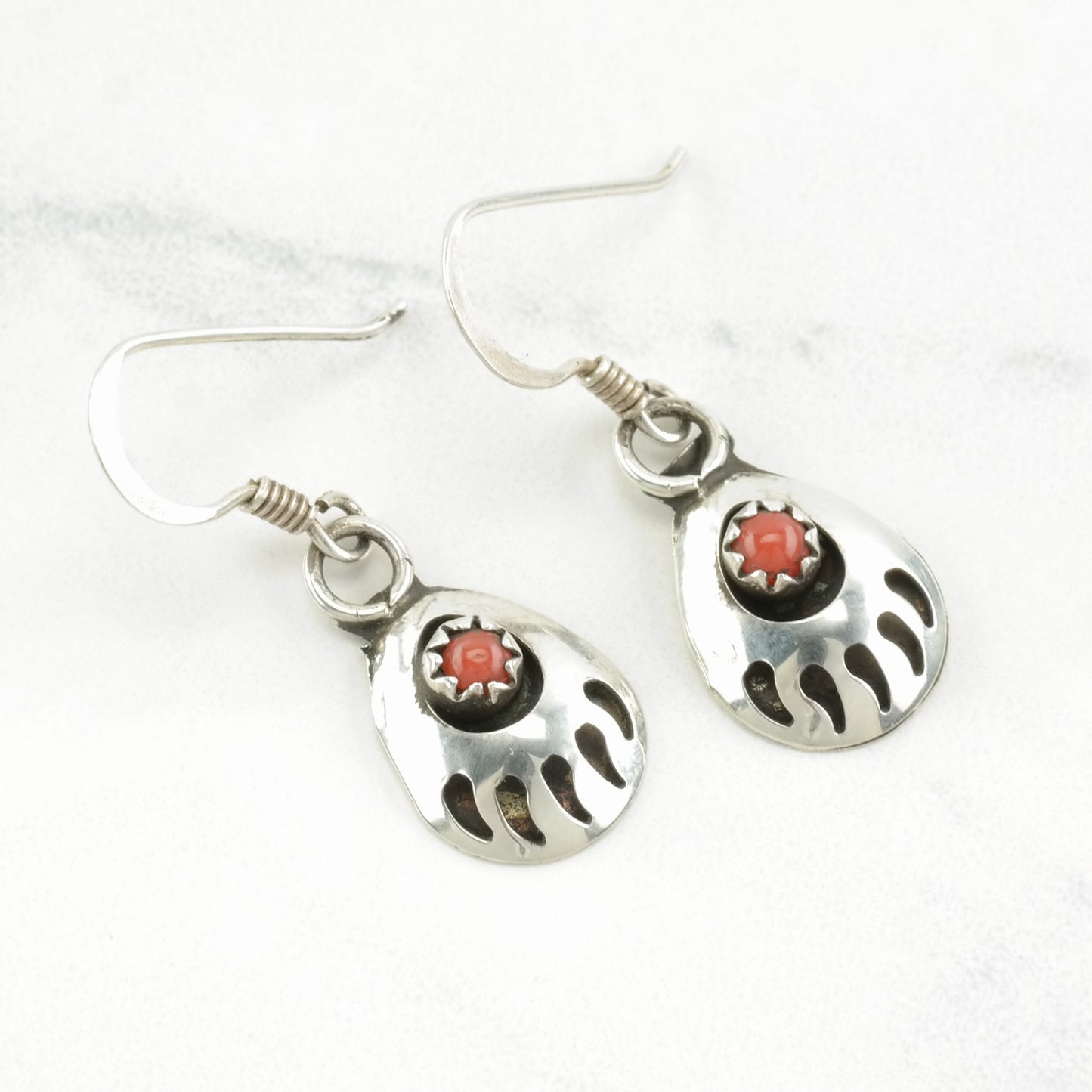 Native American Sterling Silver Coral Bear Paw Earrings Fish hook