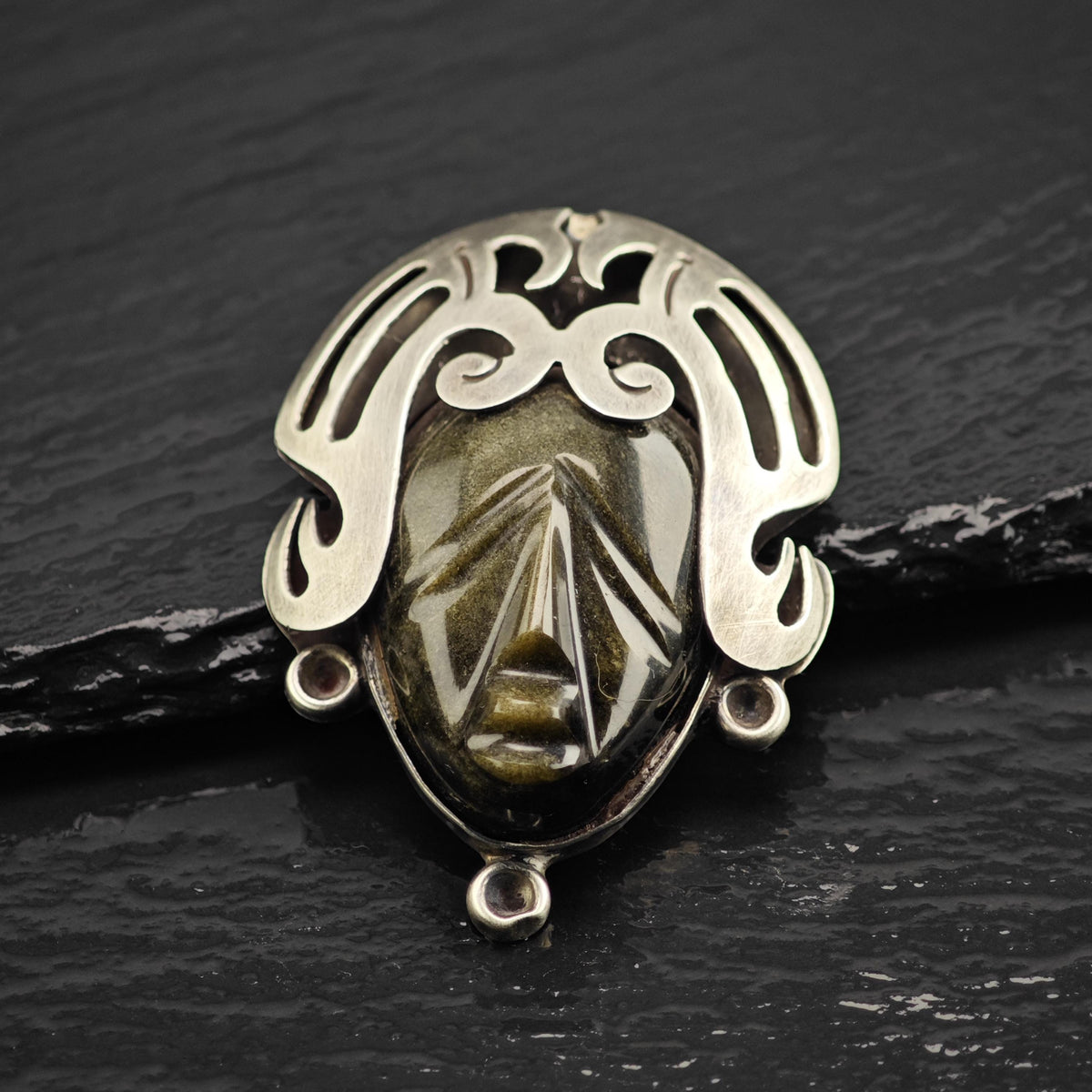 Carved Obsidian Face Sterling Silver Brooch/Pendant P3127