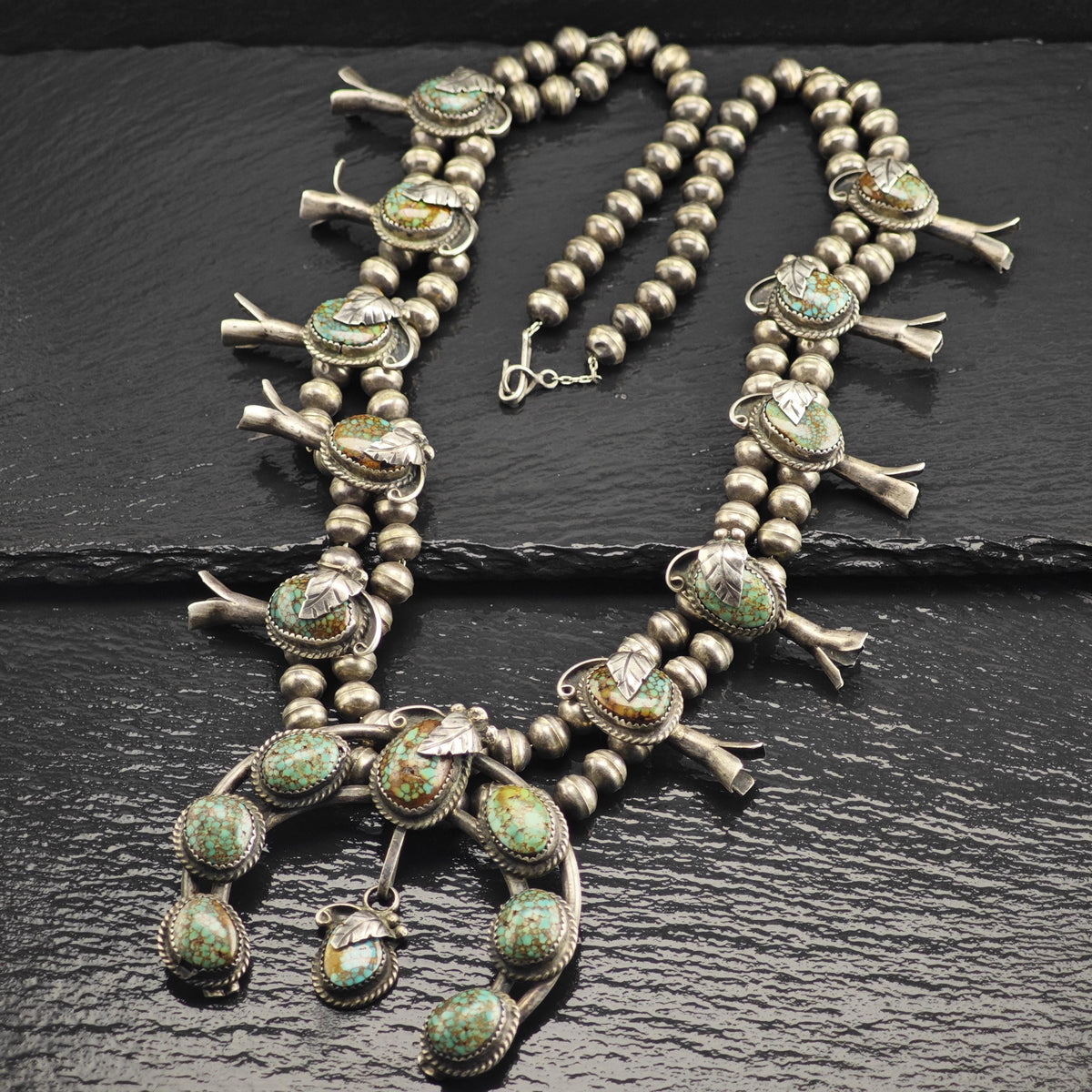 Vintage Navajo, Native American Royston Spiderweb Turquoise By Rose A. Chee Sterling Silver Squash Blossom Necklace N2767