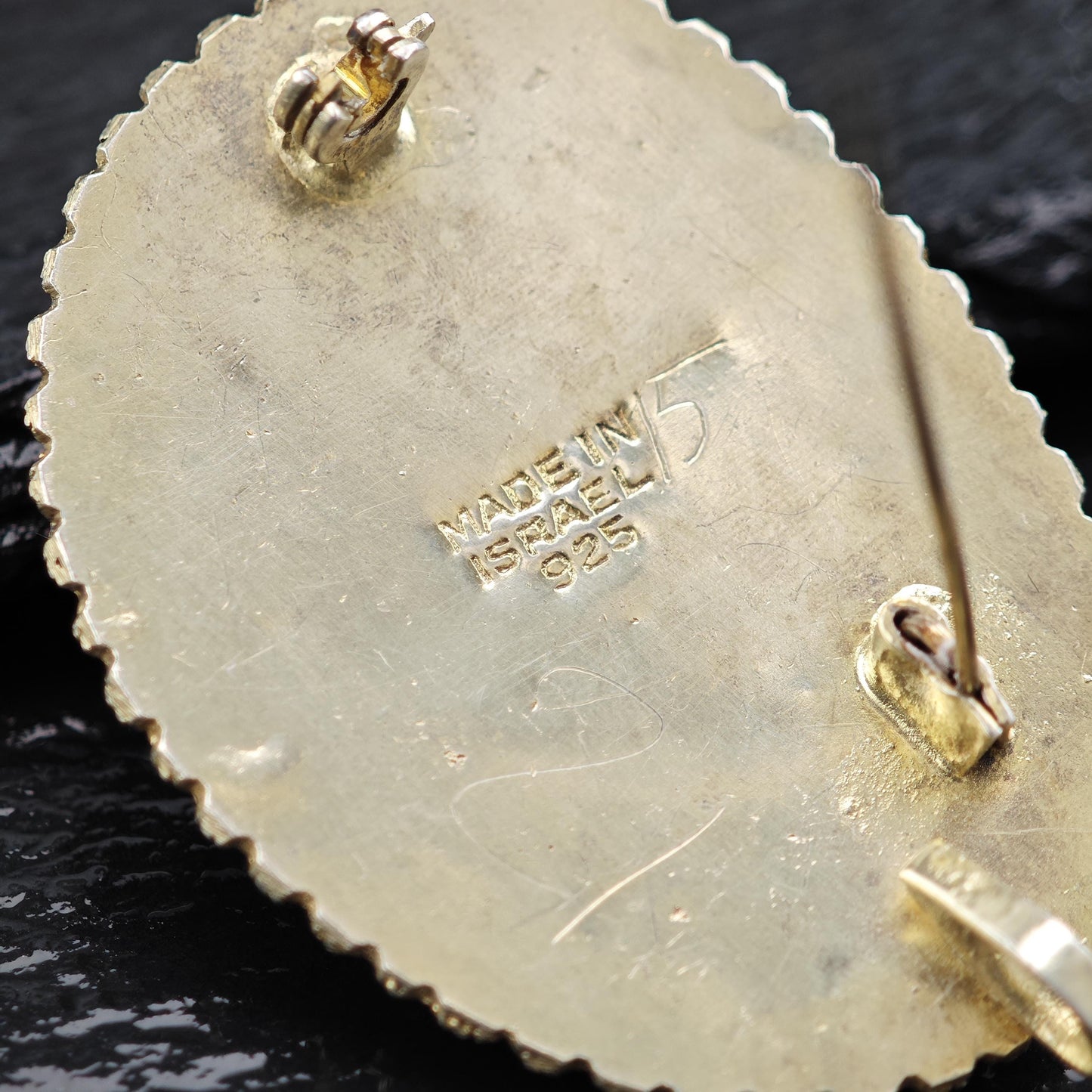 Eilat Stone Pendant/Brooch in Sterling Silver, Gold Gilded with Imitation Pearls