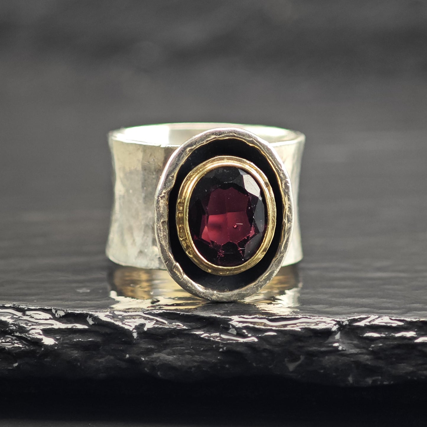 Handmade Garnet 14k Gold Bezel Ring Sterling Silver Sz 7 R6615