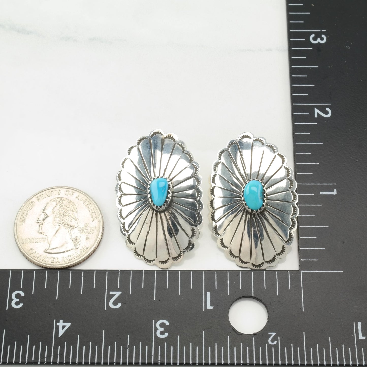 Vintage Large Native American Turquoise, Concho Floral, Stamped, Sterling Silver Pierced Earrings