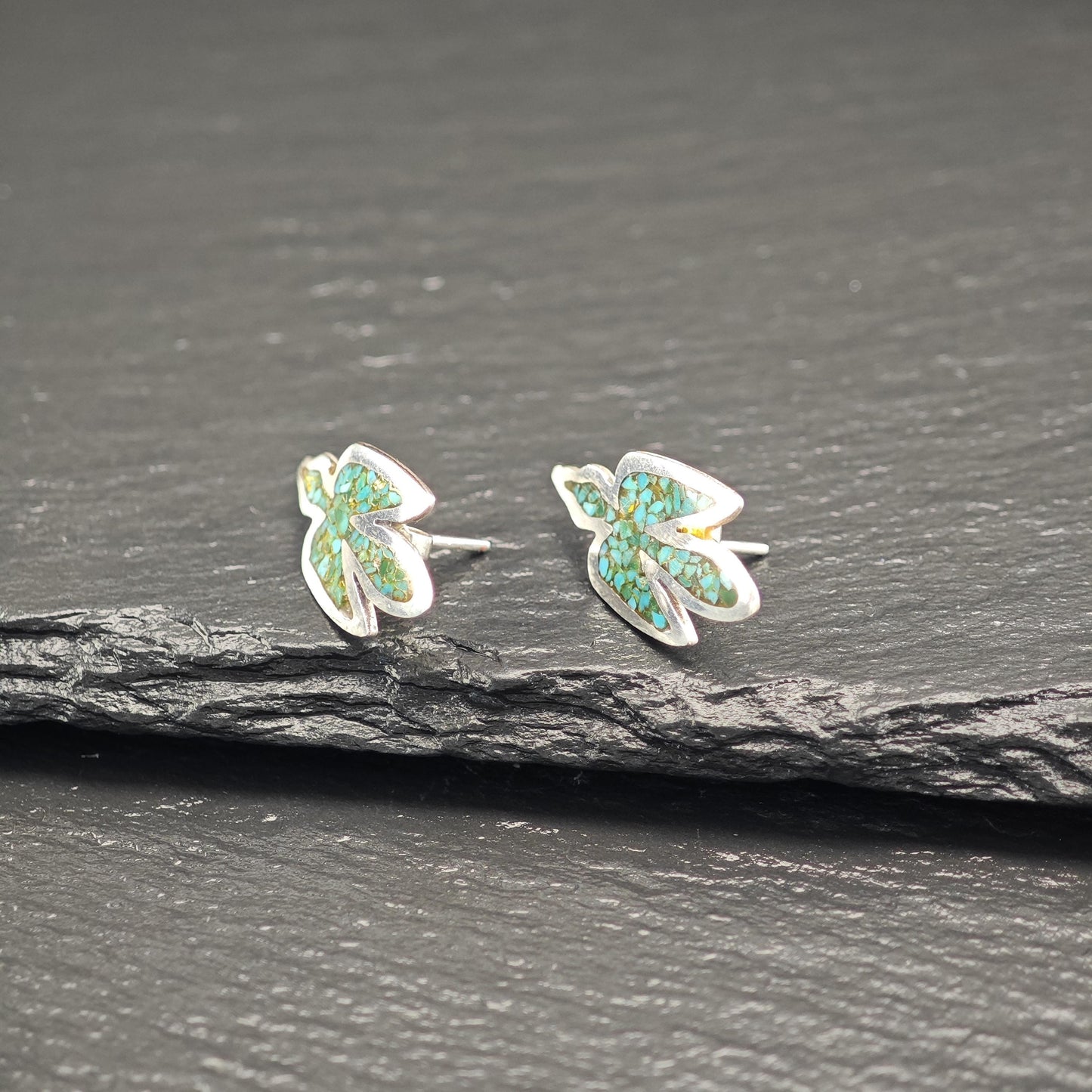 Native American Green Inlay, Turquoise Thunderbird Stud Earrings Sterling Silver