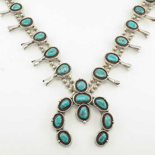 Native American Sterling Silver Blue Turquoise Necklace Squash Blossom