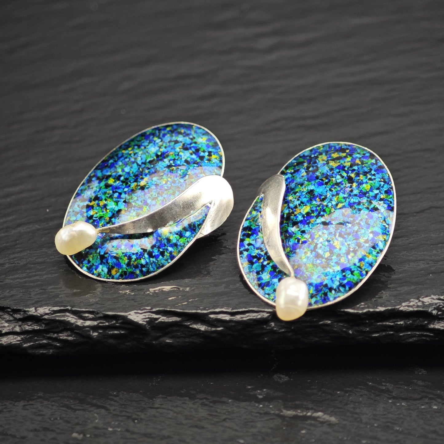 Modernist Handmade Pearl, Enamel Sterling Silver Stud Earrings ER3181