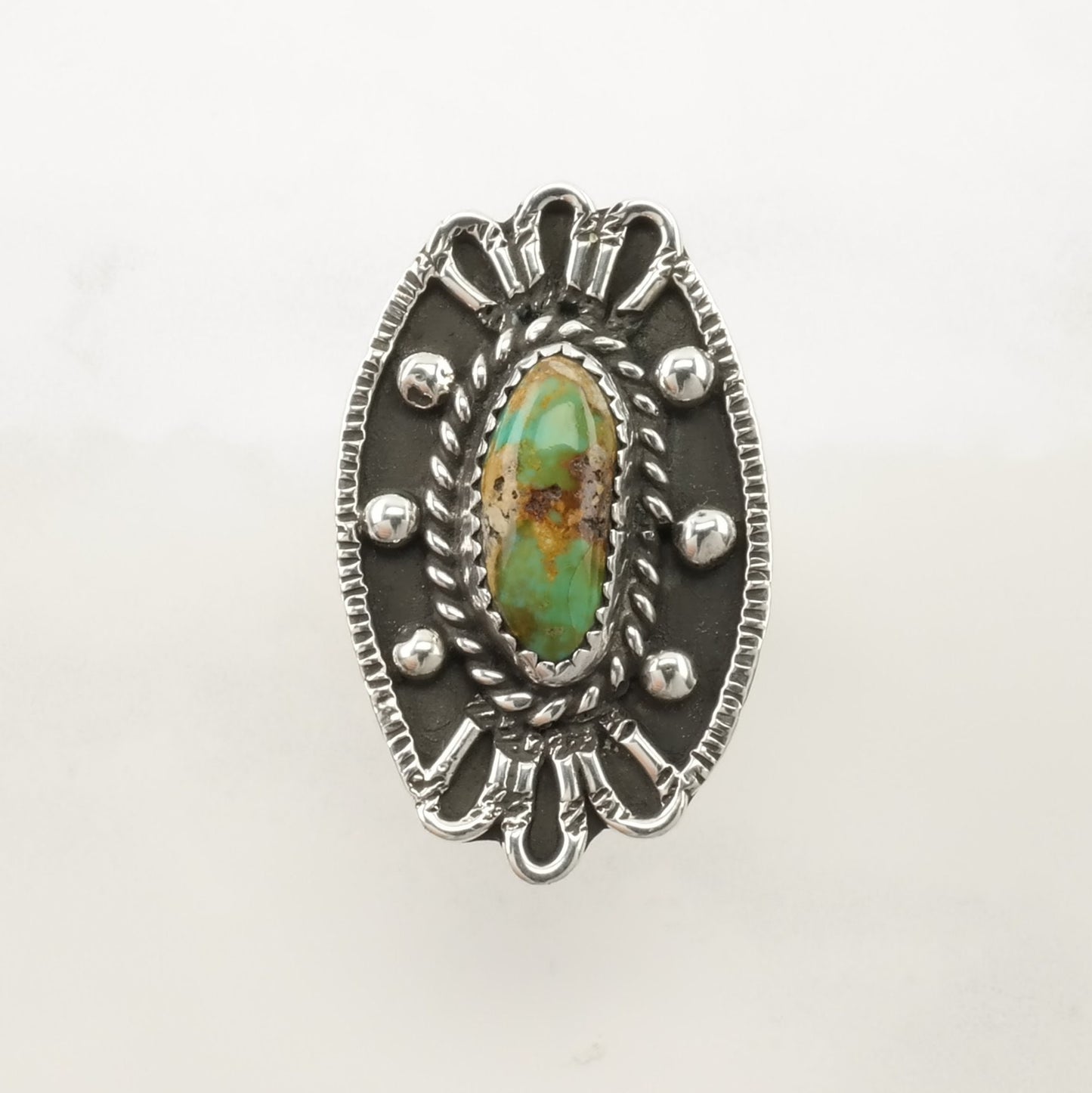 Native American Silver Ring Turquoise Floral, Large Sterling Green Size 7 1/2