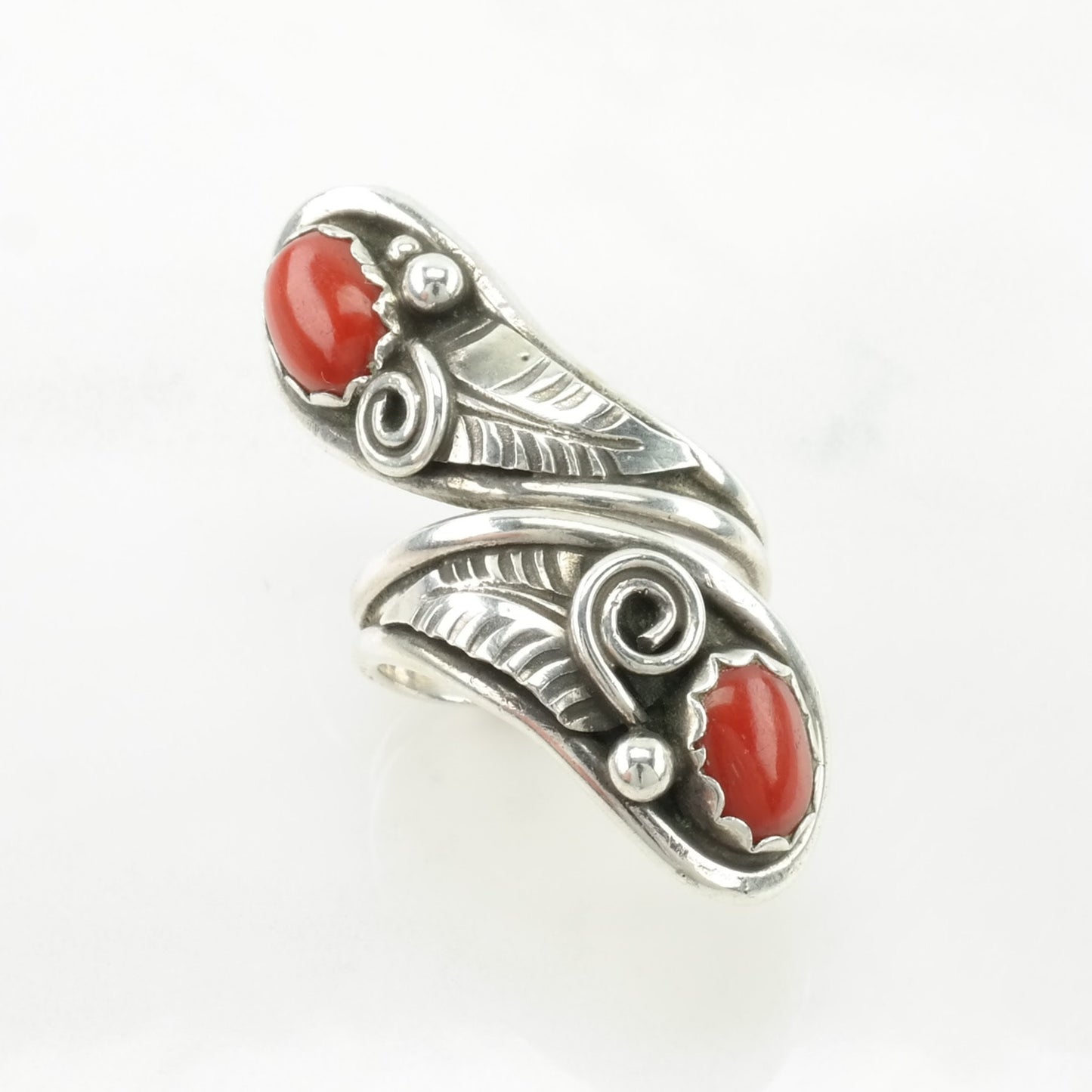 Native American Coral Ring Bypass Sterling Silver