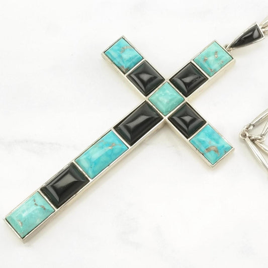 Vintage XL Southwest Sterling Silver Blue, Black Turquoise, Jet Cross Necklace