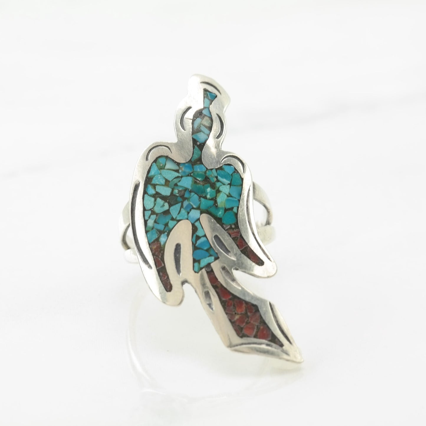 Native American Turquoise, Coral Thunderbird, Inlay Blue, Red Sterling Silver Ring Size 6