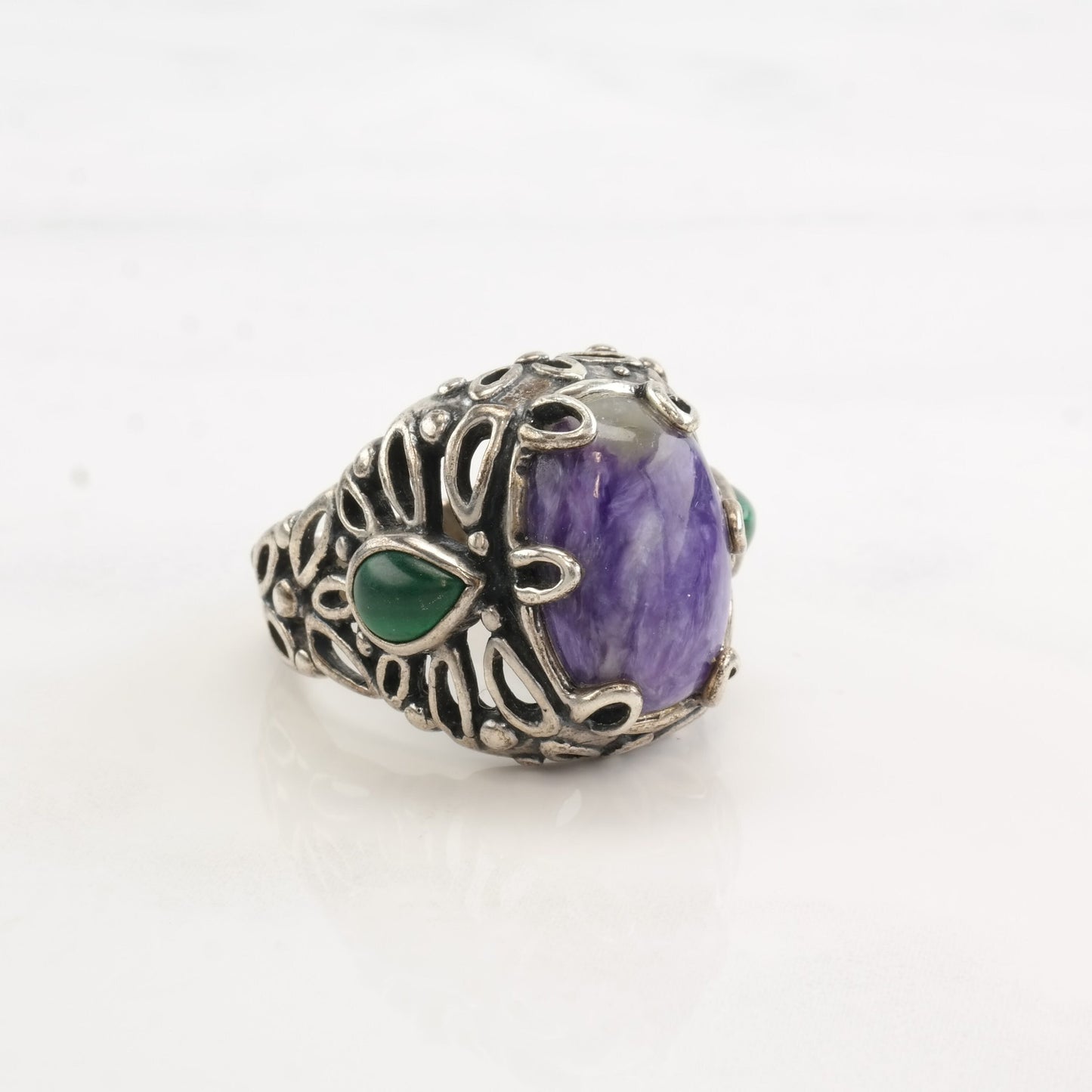 Carolyn Pollack Silver Ring Malachite Charoite Teardrop Sterling Size 8 1/2