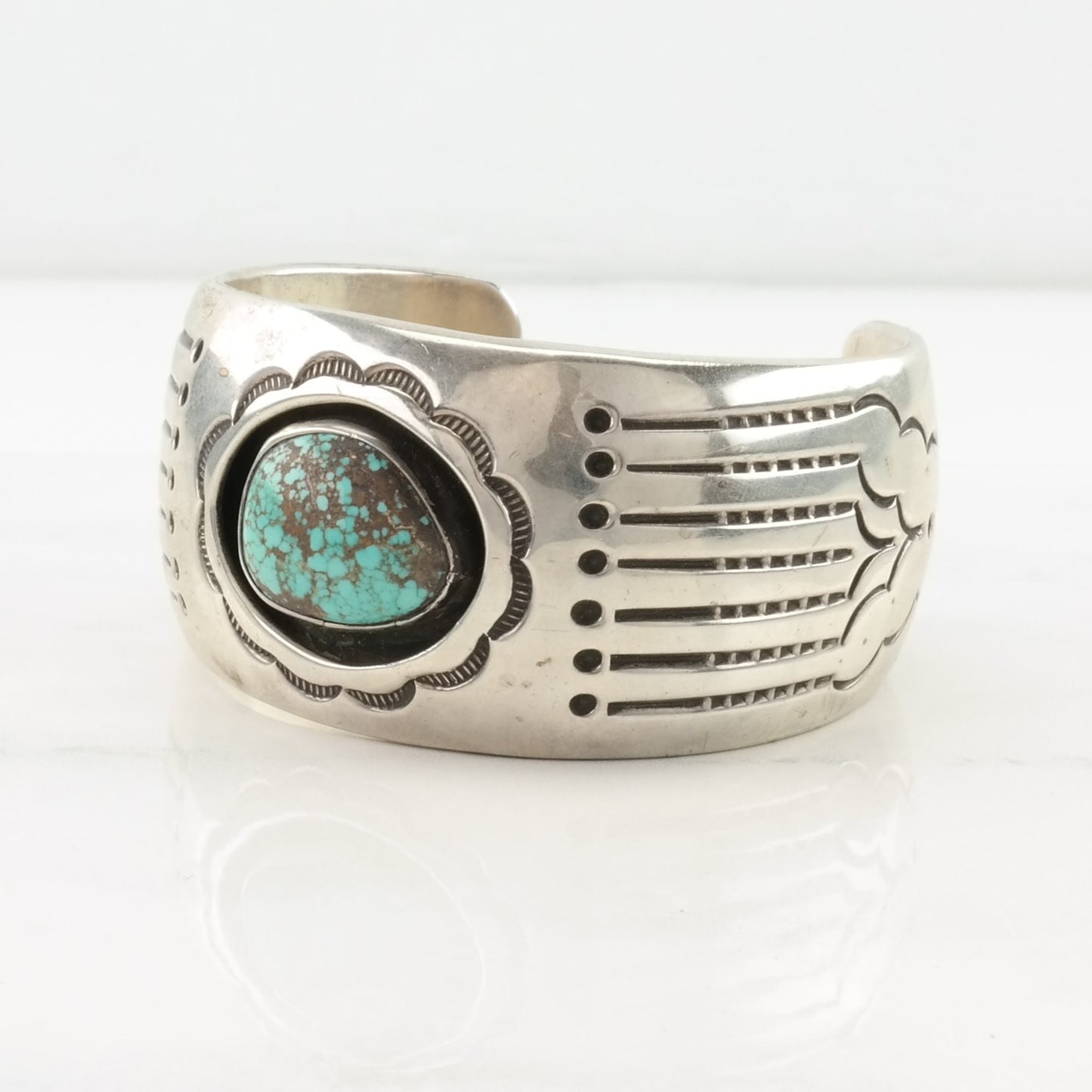 Vintage Native American Sterling Silver Cuff Bracelet Blue Spiderweb Turquoise Shadowbox, Overlay