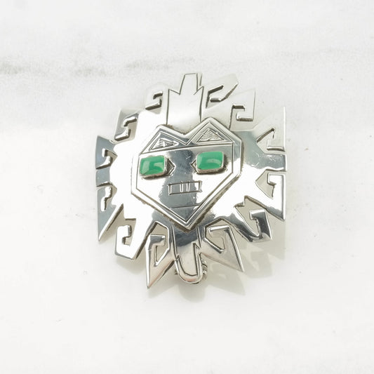 Vintage Green Silver Brooch Mask Turquoise Sterling