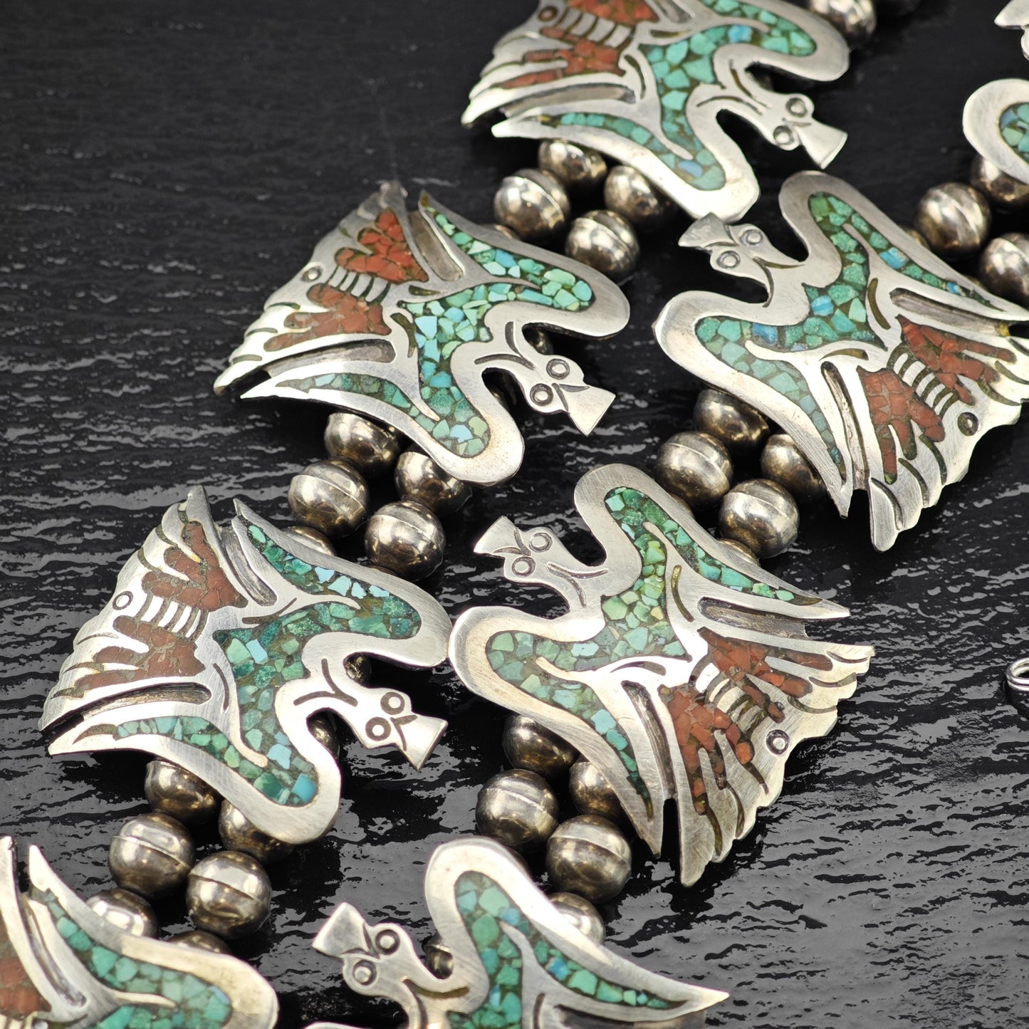 Native American Turquoise Inlay Eagle Squash Blossom Necklace Sterling Silver 29 1/2"