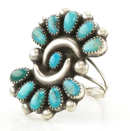 Vintage Zuni, Native American Silver Ring Turquoise Floral Sterling Blue Size 6