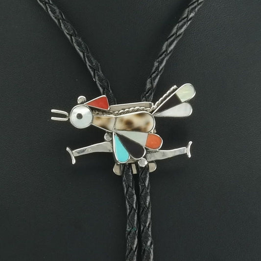 Native American Roadrunner Bolo Tie Sterling Silver Turquoise, Coral Inlay Necklace