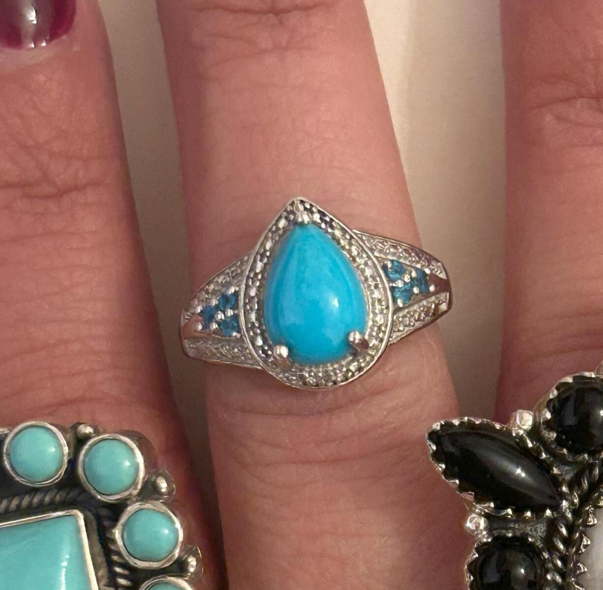 Vintage Sterling Silver Ring Turquoise Apatite Blue Size 6