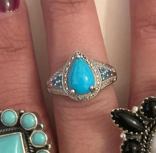 Vintage Sterling Silver Ring Turquoise Apatite Blue Size 6