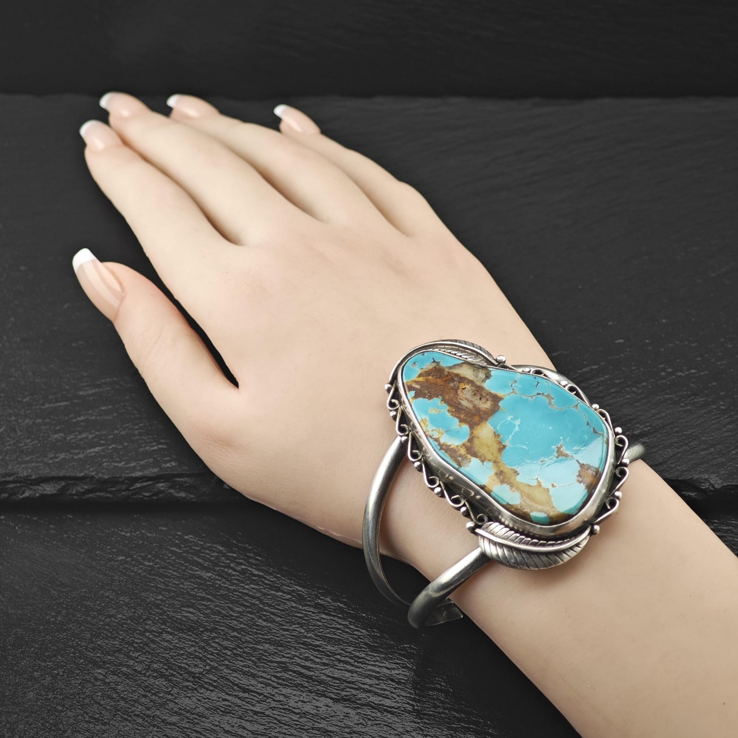Large Native American Blue Turquoise Cuff Bracelet Sterling Silver